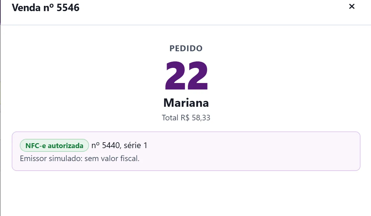 A venda concluída com o número do pedido e a nota autorizada