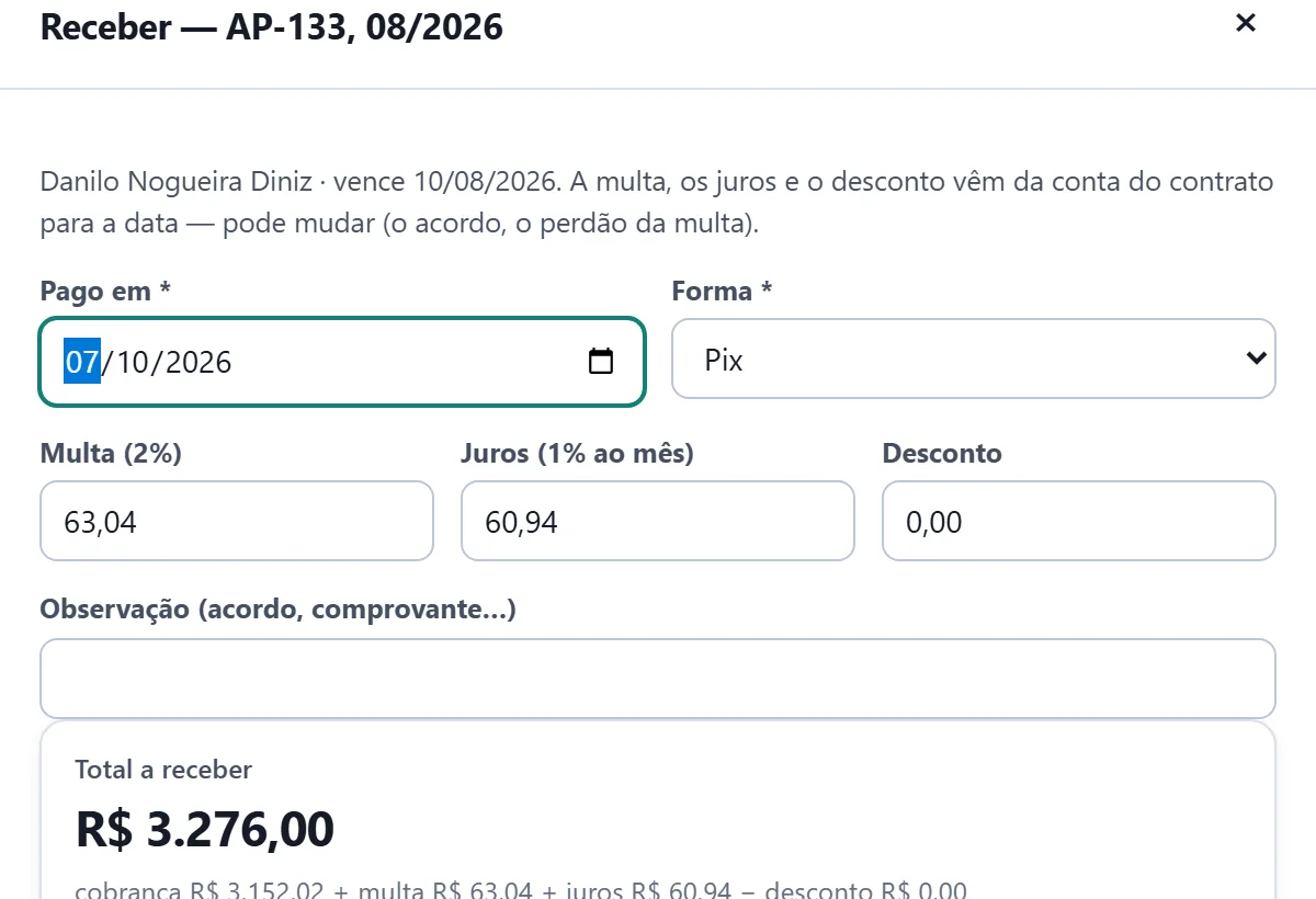 Receber o aluguel atrasado, com a multa e os juros calculados