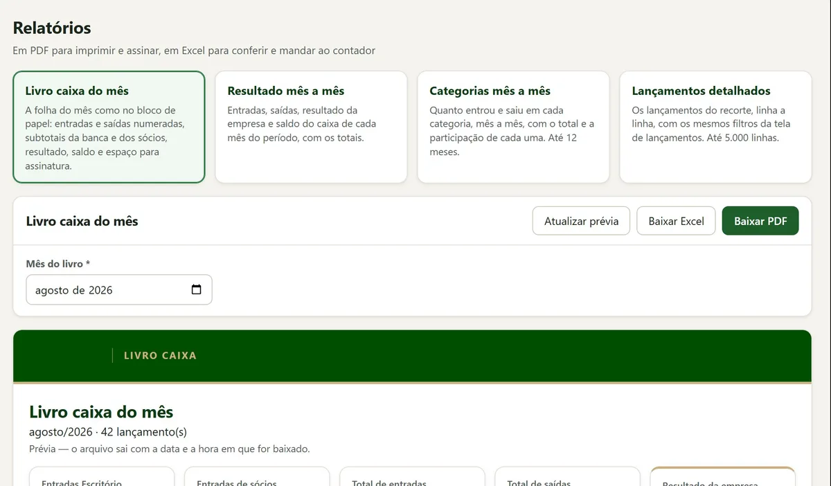 Os relatórios do livro caixa, com a prévia do mês em PDF
