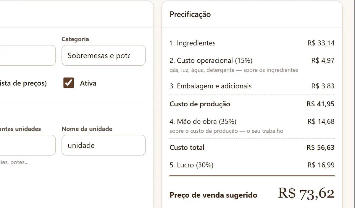 Ficha técnica de um produto com o preço sugerido