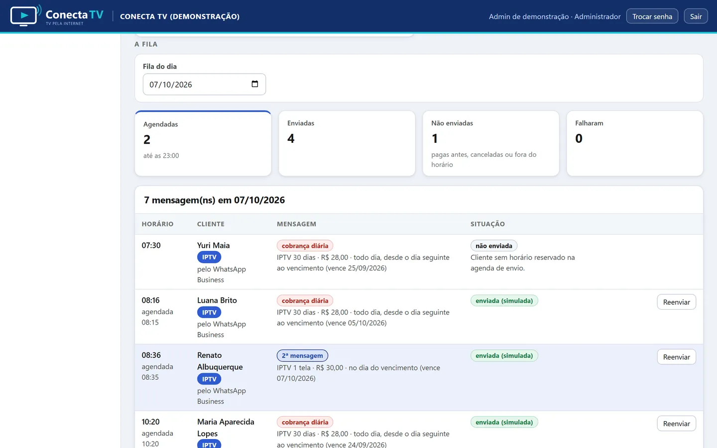 Os avisos automáticos, com um horário reservado para cada cliente