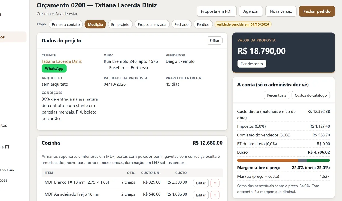 O orçamento por ambiente, com a conta do preço ao lado