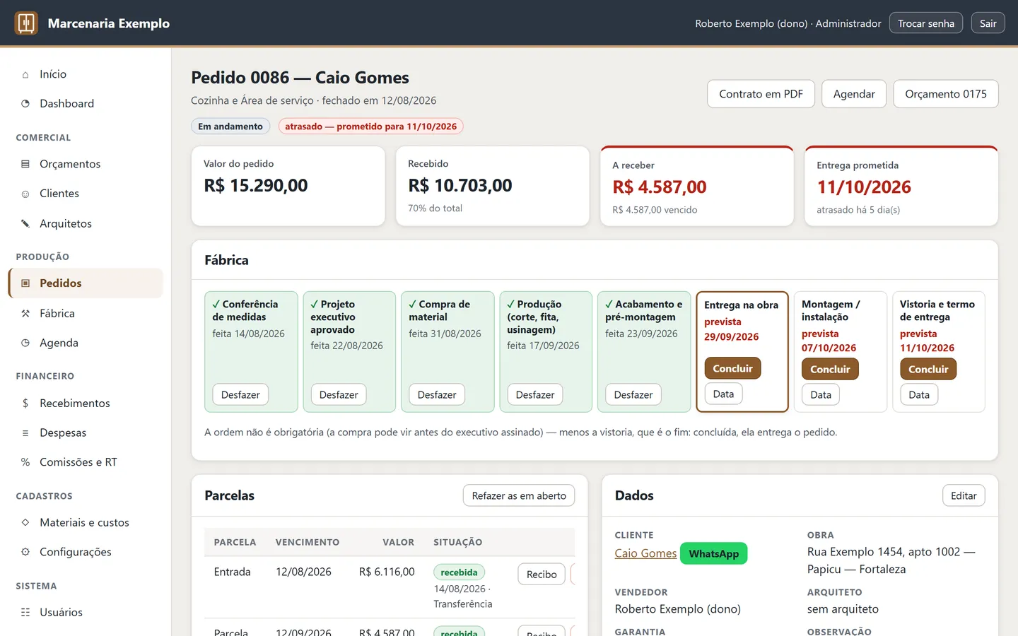 O pedido: as etapas da fábrica, as parcelas e o que falta receber