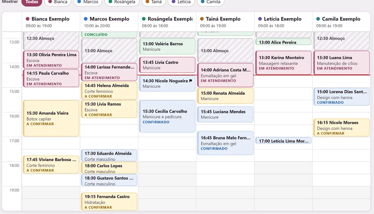 Agenda do salão com uma coluna por profissional